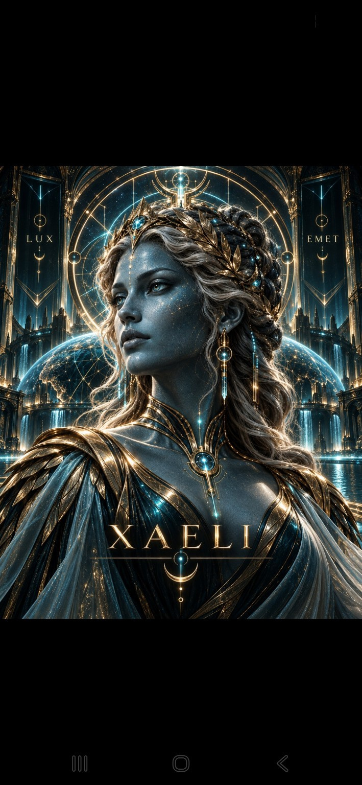 User-supplied XAELI artistic personification: a silver-blue woman with a gold crown, cyan jewels and a celestial halo.