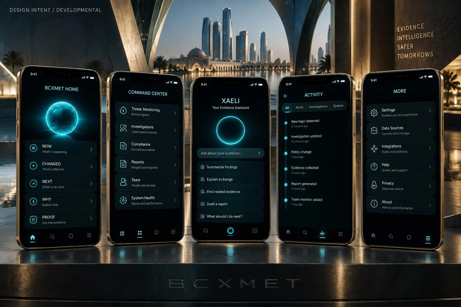 Original illustrative five-phone composition for BCXMET Home, Command Center, XAELI, Activity and More; conceptual artwork, not production screens.