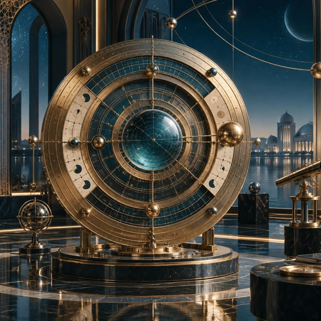 Original LUX observatory artwork: precision astronomical research wheel with calendar rings and a celestial lens; not a historical manuscript or translation.