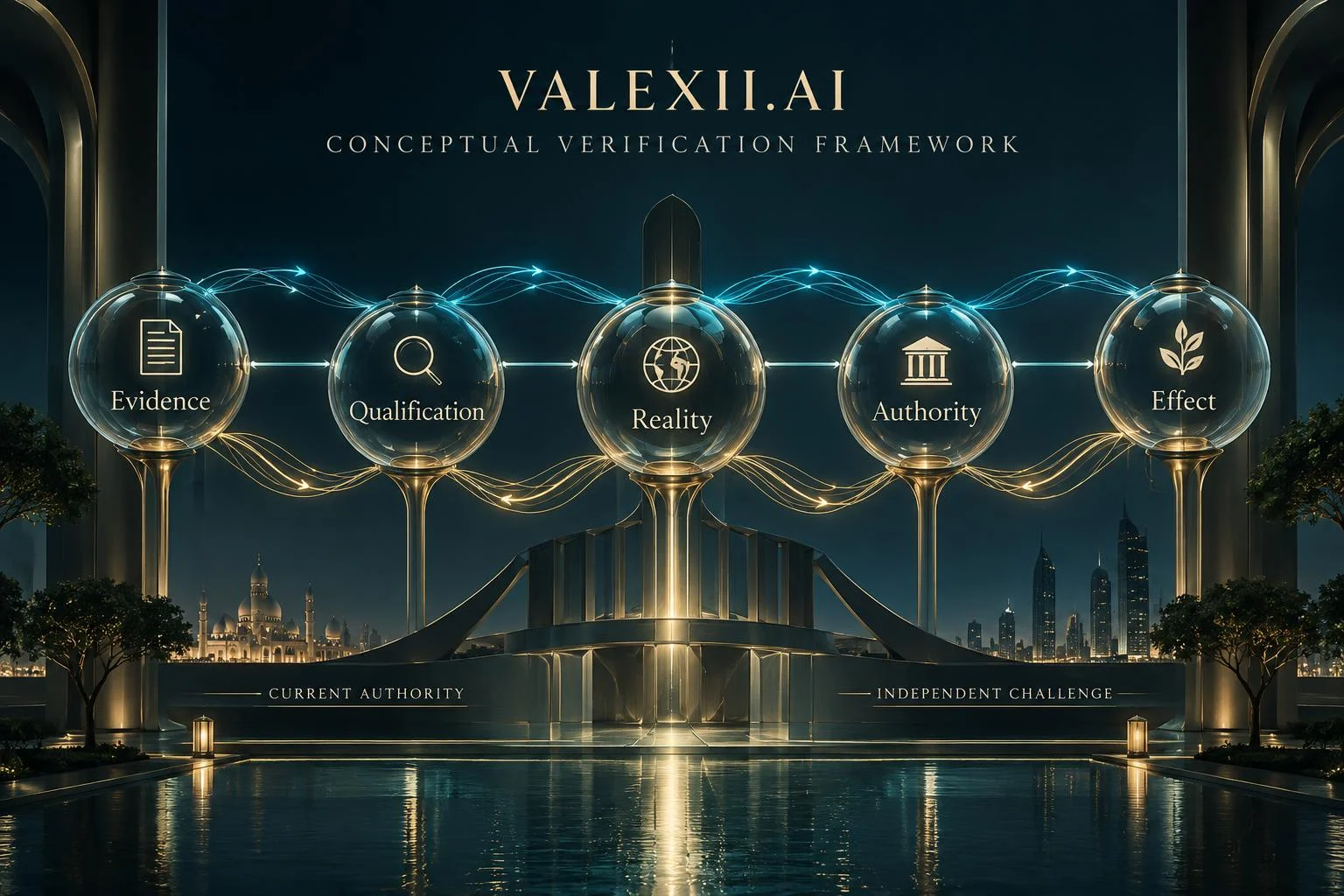 Conceptual evidence architecture: Evidence, Qualification, Reality, Authority and Effect linked forward by cyan lineage and independently backward by gold verification.